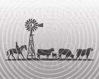 May include: Silhouette of a cowboy riding a horse, a windmill, and a herd of cattle in a field. The image is in black and white.