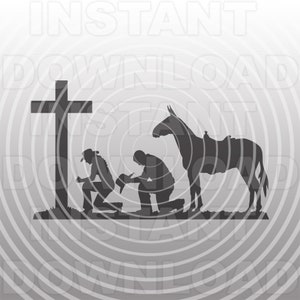 Cowboy und Cowgirl kniend betend mit Maultier am Memorial Cross SVG-Datei-Vector Art kommerzielle/persönliche Nutzung- Cricut,Silhouette,Cameo,Vinyl