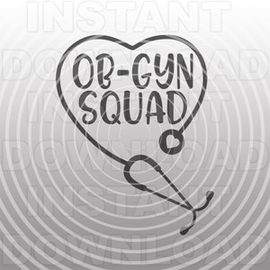 Könnte beinhalten: Ein schwarz-weißes Grafikdesign eines Stethoskops in Form eines Herzens mit dem Text "OB-GYN SQUAD" im Herzen.