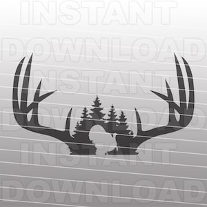 Archivo SVG de astas de ciervo grande con escena de pavo y bosque - Clipart vectorial para uso comercial y personal - Cricut, Silhouette Cameo, calcomanía de vinilo