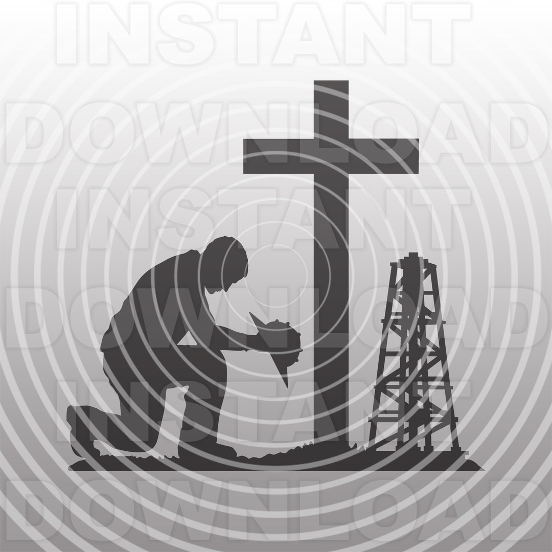 Oilfield Roughneck Rigger Kneeling Praying at Memorial Cross SVG File