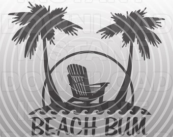 Op de afbeelding: Zwart-witte silhouet van twee palmbomen met een strandstoel ertussen. De tekst "Beach Bum" staat onder de stoel.