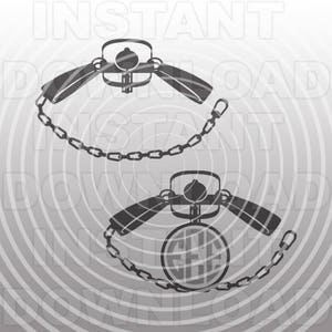 May include: Two black and white illustrations of bear traps. The top trap is open, while the bottom trap has a globe design in the center. Both traps are connected to chains.
