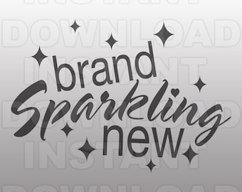 Könnte beinhalten: Schwarz-weißes Text-Motiv mit den Worten "brand sparkling new" mit kleinen Sternen um den Text.