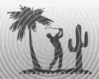 Golfer SVG File,Golf Tournament SVG,Golf Course Palm Tree Desert Scene SVG,Vector Art Commercial/Personal Use,Silhouette,Cricut,Cameo,Vinyl