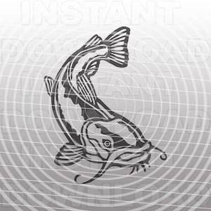 May include: Black and white line art illustration of a catfish swimming in a circular pattern. The catfish is facing to the right and has a large mouth with sharp teeth.