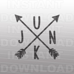 May include: Black and white graphic design of the word "JUNK" with arrows crossing through the letters. The arrows have a feather design at the end.