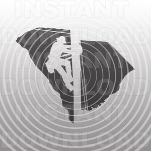 May include: A silhouette of a person climbing a utility pole, superimposed over a gray outline of the state of South Carolina. The background is a gray circle pattern.