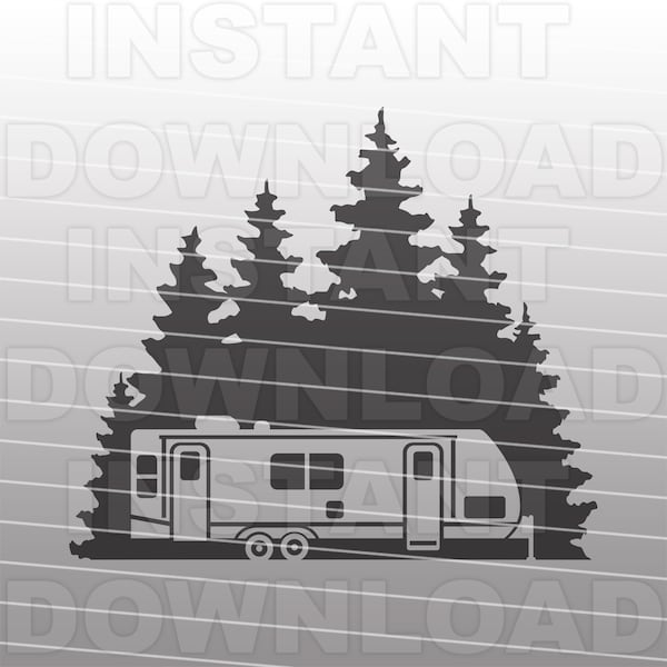 Travel Trailer Fifth Wheel Forest Scene SVG File,Camping Forest Trees SVG -Vector Clip Art Commercial/Personal Use- Cricut,Silhouette Cameo,