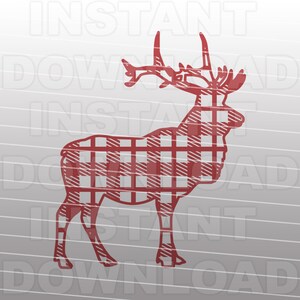 May include: Red and white buffalo plaid patterned silhouette of a reindeer with large antlers.