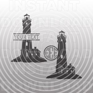 Puede incluir: Dos siluetas negras de faros con pequeñas casas en sus bases. El faro de la izquierda tiene una pancarta que dice "YOUR TEXT". El faro de la derecha tiene un círculo con las letras "EEE" dentro.