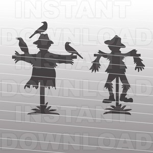 May include: Two black silhouette scarecrows with crows perched on their hats and arms. The scarecrows are standing on a pole with a simple design.