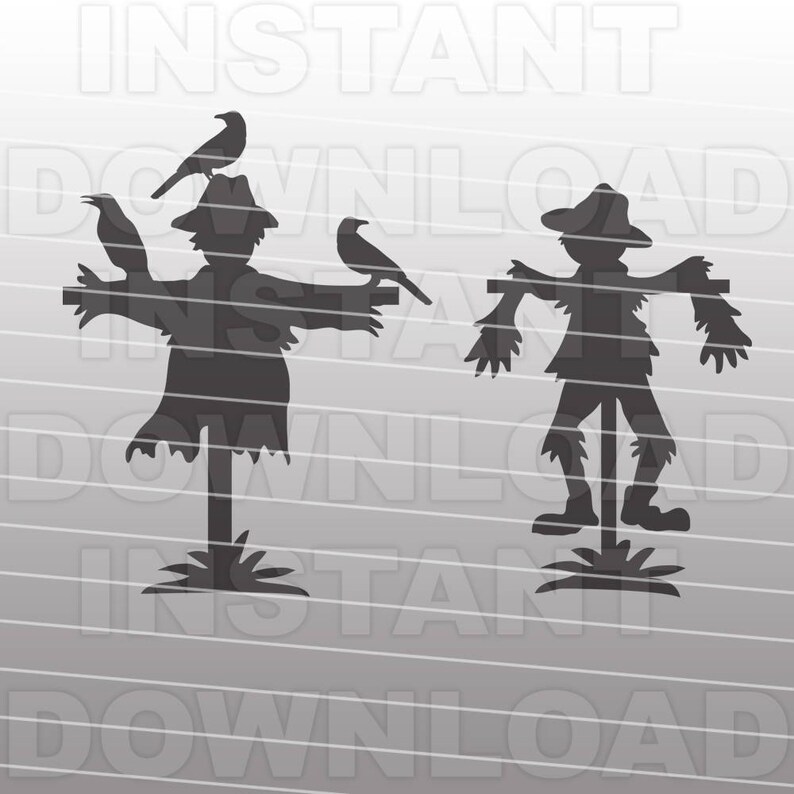 May include: Two black silhouette scarecrows with crows perched on their hats and arms. The scarecrows are standing on a pole with a simple design.