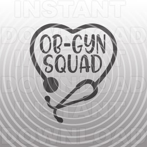 May include: A black and white graphic design of a stethoscope in the shape of a heart with the text "OB-GYN SQUAD" inside the heart.