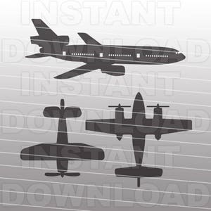 May include: Silhouettes of three airplanes, a large commercial jet, a smaller propeller plane, and a twin-engine aircraft. The airplanes are all black against a white and gray striped background.