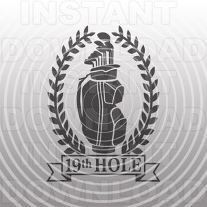 Segno di golf della 19a buca con banner di corona d'alloro e borsa da golf File SVG - Formato vettoriale per uso commerciale e personale - Cricut, Silhouette Cameo, vinile