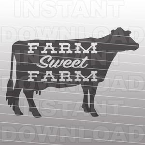 以下が含まれることがあります： 白い文字で「Farm Sweet Farm」と書かれた、牛の黒いシルエットです。