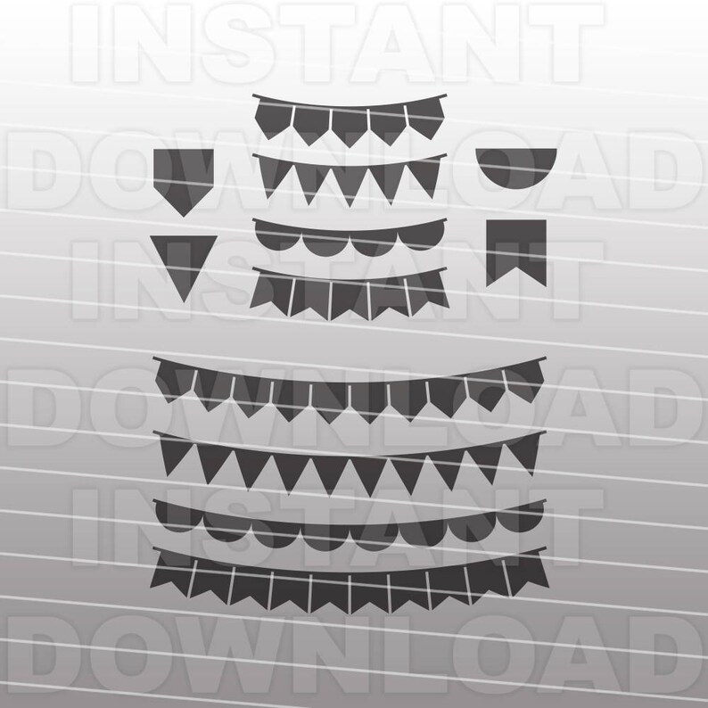 May include: A set of black and white printable party banner designs. The designs include a variety of shapes, including triangles, scallops, and pennants.