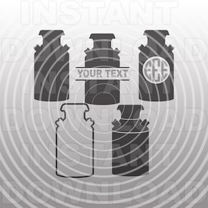 May include: Four black and white milk can silhouettes. Two cans have a space for text, one says "YOUR TEXT" and the other has a circle for a monogram. The other two cans are plain.