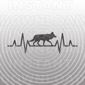 May include: A black silhouette of a wolf walking across a grey heartbeat graphic. The background is a grey circle pattern.