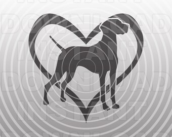 May include: A black silhouette of a dog standing inside a heart shape. The dog is facing to the right and has a long snout. The heart is outlined in black and is surrounded by a gray background with concentric circles.