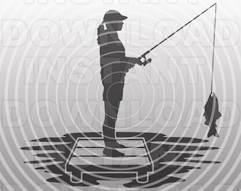Young Woman with Fishing Rod Fishing on Dock Pier SVG File,Female Girl Fishing svg -Commercial & Personal Use- Cricut,Silhouette Cameo,vinyl