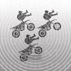 May include: Silhouette of a motocross rider performing a backflip on a dirt bike. The rider is repeated three times, with the bottom rider's bike having the text "YOUR TEXT" on a banner below it.