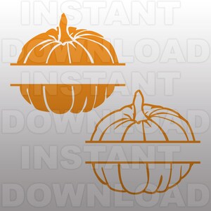 Puede incluir: Dos archivos de corte SVG de calabaza naranja con una línea horizontal en el medio para agregar texto. Las calabazas están en un estilo simple y minimalista.