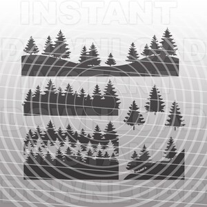 May include: Silhouettes of pine trees in a forest setting. The image is divided into three sections, with the top section showing a row of trees on a hill, the middle section showing a dense forest, and the bottom section showing a group of trees in a clearing.