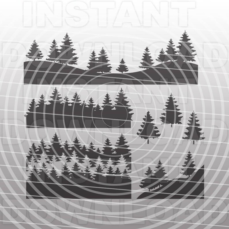 May include: Silhouettes of pine trees in a forest setting. The image is divided into three sections, with the top section showing a row of trees on a hill, the middle section showing a dense forest, and the bottom section showing a group of trees in a clearing.