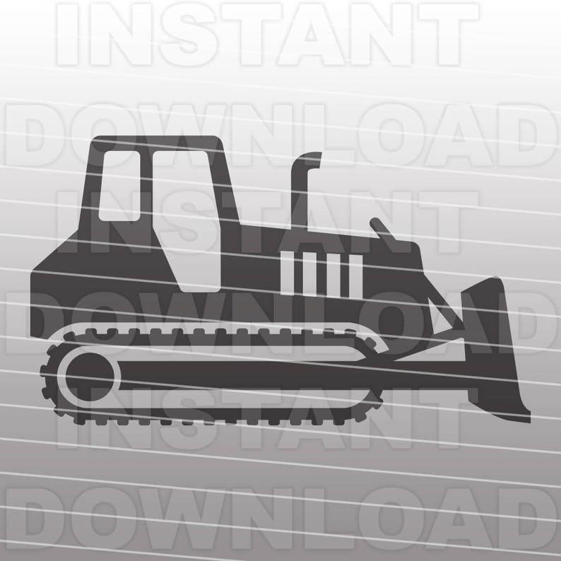 May include: A black silhouette of a bulldozer with a large blade. The bulldozer has a cab with a window and a large track system.