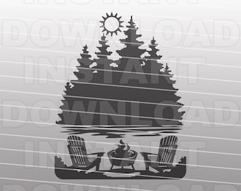 Adirondack Stühle Lagerfeuer Wald See Szene SVG-Datei - Vektor Clip Art kommerziellen und persönlichen Gebrauch- für Cricut, Cameo, Silhouette, Vinyl geschnitten