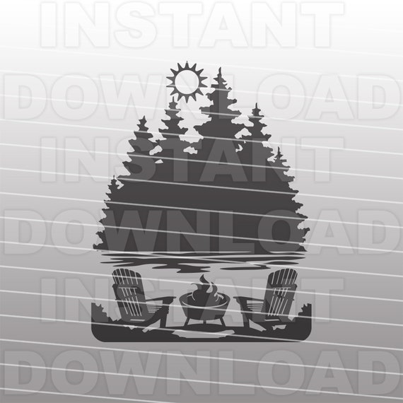 Adirondack Chairs Campfire Forest Lake Scene SVG File -Vector Clip Art Commercial & Personal Use- For Cricut,Cameo,Silhouette,Vinyl cut