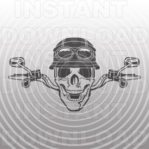 May include: A grayscale illustration of a skull wearing a vintage motorcycle helmet and goggles, with motorcycle handlebars extending outward. The image has the words "INSTANT DOWNLOAD" in the background.