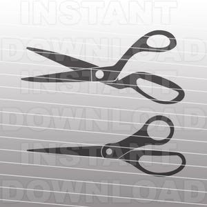 May include: Two black scissors with silver handles. The scissors are open and the blades are facing each other.