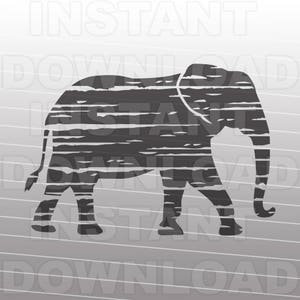 May include: A black and white silhouette of an elephant with a distressed, striped pattern. The elephant is facing right and has its trunk raised.