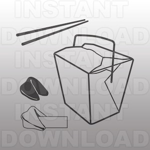 May include: A black and white illustration of a Chinese takeaway box with chopsticks and two fortune cookies. The box is open and the chopsticks are sticking out of the top.