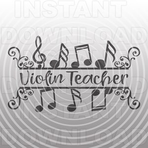 May include: Black and white graphic design with musical notes and the text "Violin Teacher".