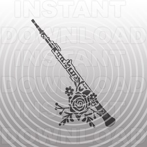 May include: A black and white silhouette of an oboe with a floral design. The oboe is decorated with a rose and leaves.