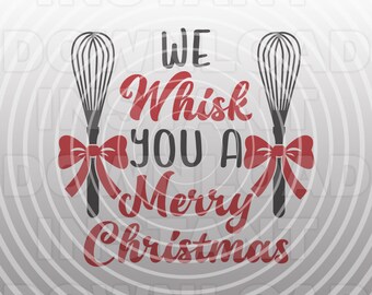Peut inclure: Un design sur le thème de Noël avec deux fouets noirs ornés de nœuds rouges. Le texte dit "We Whisk You A Merry Christmas".