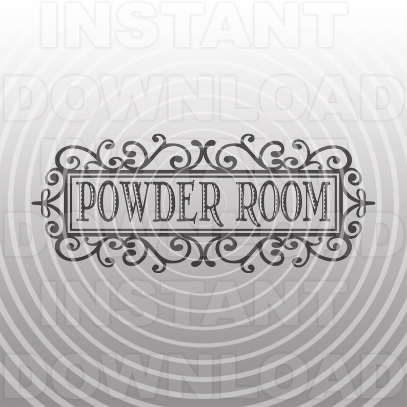 Peut inclure: Une pancarte noire et blanche avec des volutes orn&eacute;es et le texte "POWDER ROOM" dans une police d'&eacute;criture vintage.