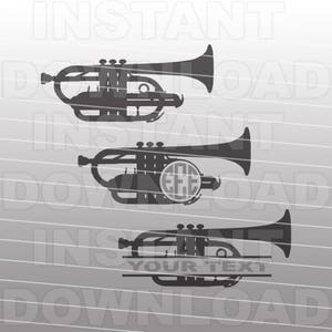 May include: Three black silhouette images of trumpets. The top trumpet has no text. The middle trumpet has the text "EEE" inside a circle. The bottom trumpet has the text "YOUR TEXT" in a banner.