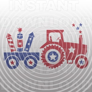 Puede incluir: Un tractor rojo y azul tirando de un vagón con fuegos artificiales. El tractor tiene una estrella blanca en el neumático delantero y el vagón tiene tres fuegos artificiales con estrellas blancas.