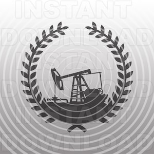 May include: A black and white silhouette of an oil pump jack inside a laurel wreath. The image is set against a gray background with concentric circles.