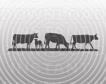 May include: Silhouette of three black cows, one adult cow with a calf, and another adult cow, standing on a gray background.