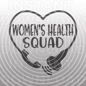 May include: A black and white graphic design of a heart with a telephone receiver on each side. The text "Women's Health Squad" is inside the heart.
