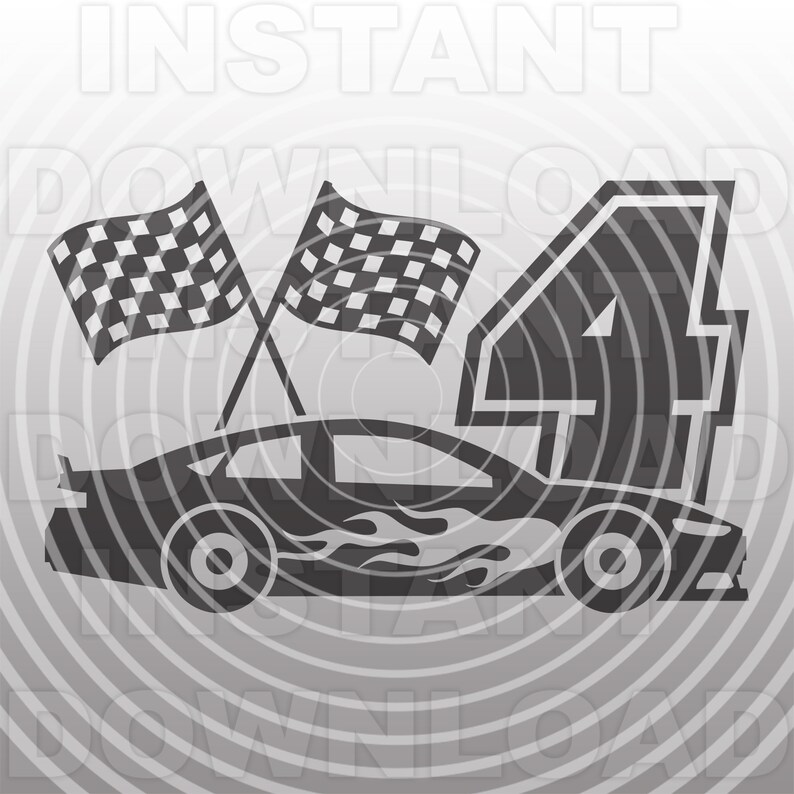 May include: Black and white checkered flags crossed behind a black race car with flames on the side. The car has a large number "4" on the back.