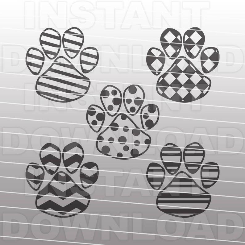 May include: Five different paw print designs in black and white. The paw prints are in a variety of patterns, including stripes, polka dots, and checkered.