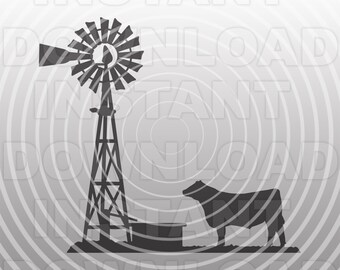May include: A black silhouette of a windmill with a cow standing in front of it. The windmill has three blades and a tall tower. The cow is facing the windmill and has its head down. The background is a light gray with concentric circles.