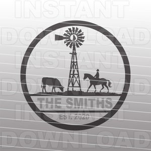 May include: Black and white silhouette of a windmill, a cow, a horse and rider, and the text "The Smiths Est. 2020" inside a black circle.